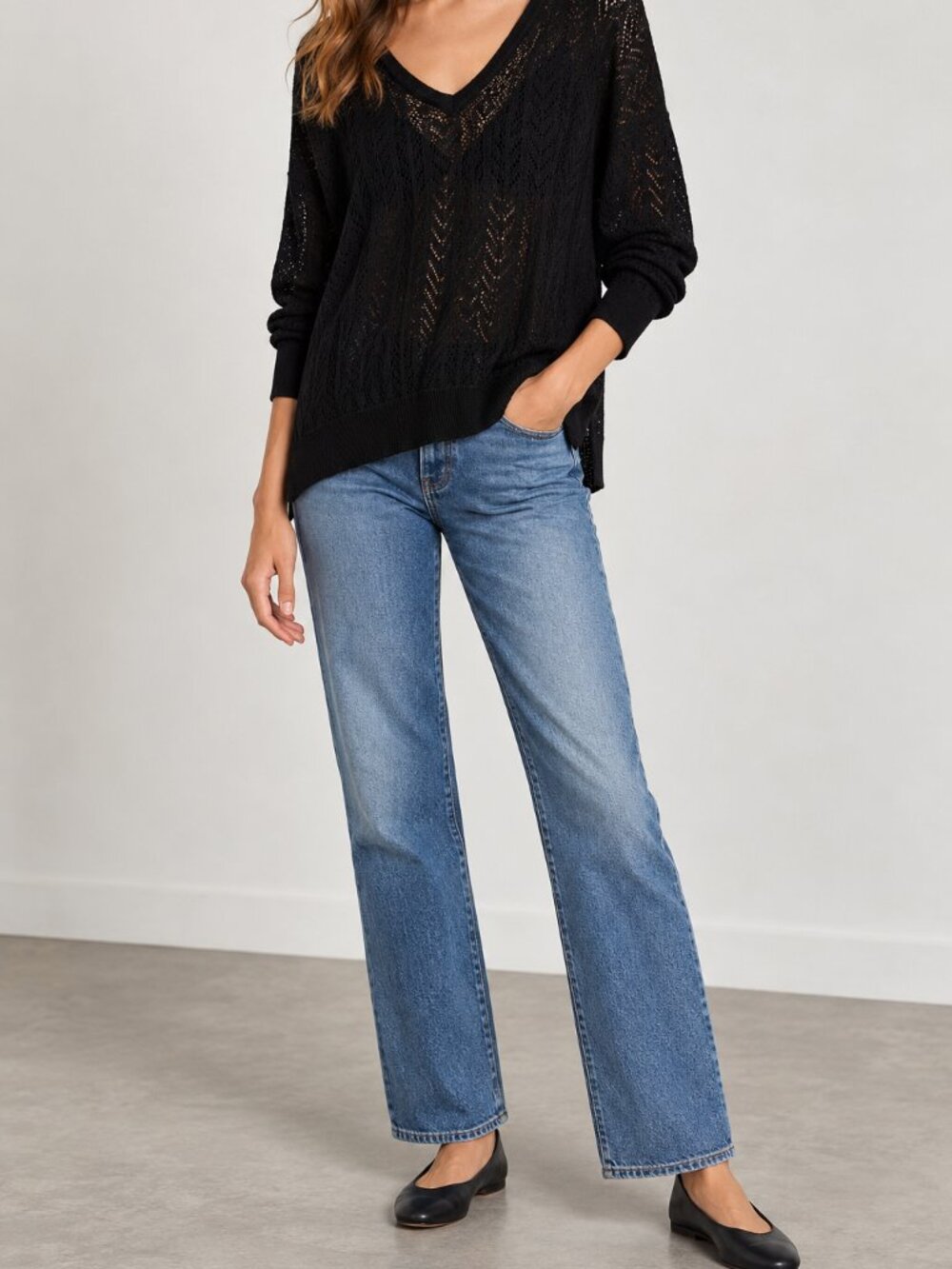 Margaret O'Leary Silk Linen Pointelle V-Neck Sweater Black Size M